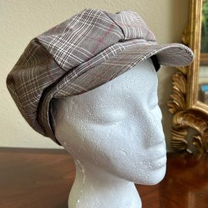 Ivory/ black / cranberry plaid newsboy hat